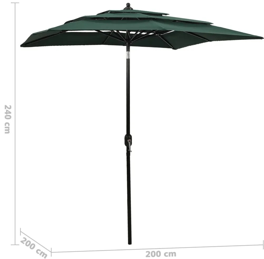 Guarda-sol de jardim 3 camadas c/ poste de alumínio 2x2 m verde