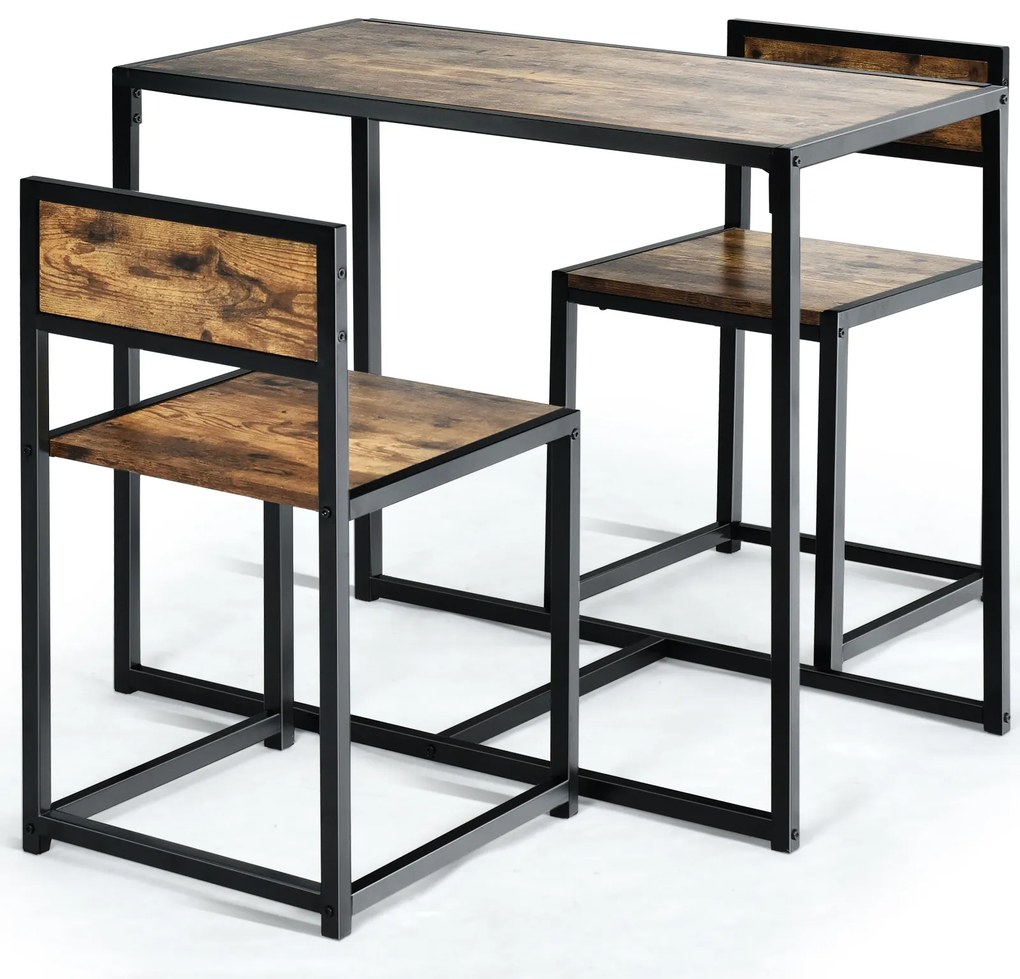 Conjunto com Mesa Compacta e 2 Cadeiras com Estrutura Metálica para Pequenos Espaços Cozinha Sala de Jantar Castanho rustico e preto