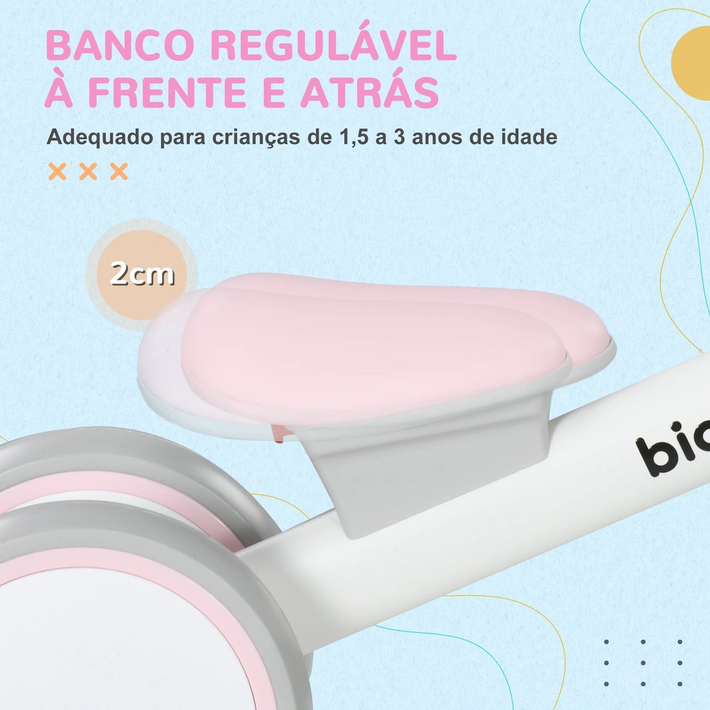 Bicicleta sem Pedais para Crianças de 12-36 Meses Bicicleta de Equilíbrio com Assento Ajustável 56x27x39 cm Rosa
