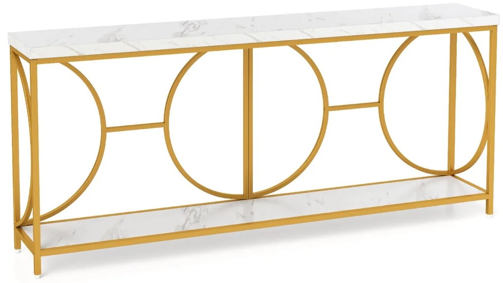 Mesa de console vintage 180 cm, mesa de corredor com 2 níveis, mesa de sofá estreita com estrutura de metal
