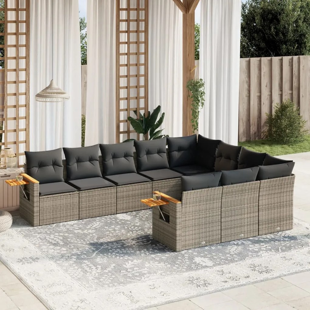 10 pcs conjunto sofás de jardim c/ almofadões vime PE cinzento