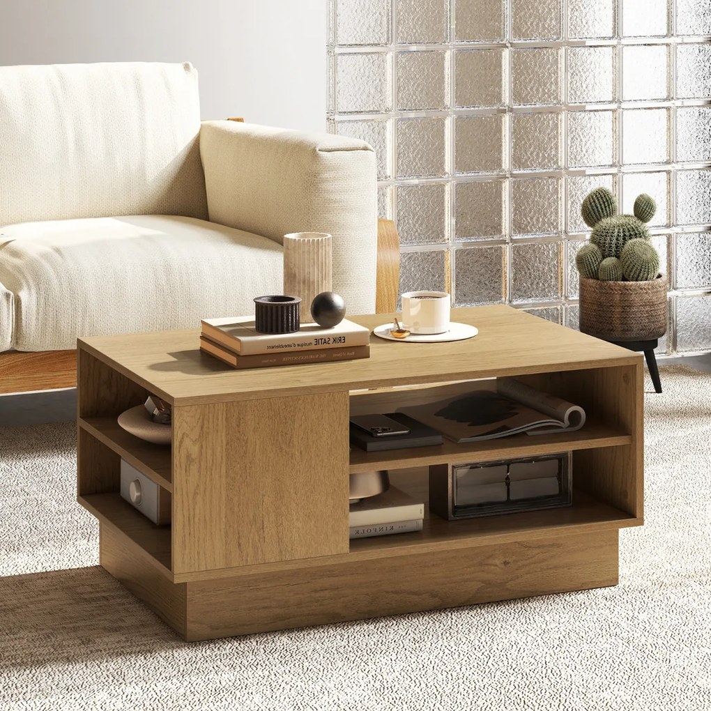 Mesa de centro retangular moderna com 2 prateleiras abertas 86 x 56 x 41 cm Natural