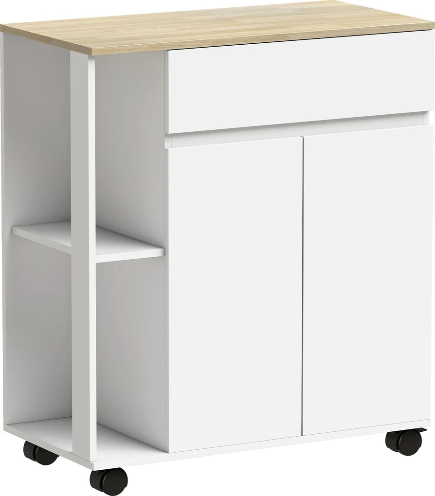 HOMCOM Carrinho de Cozinha com Gaveta, Armário e 2 Prateleiras Laterais, em Madeira, 78x39.5x88.5 cm, Branco e Carvalho | Aosom Portugal