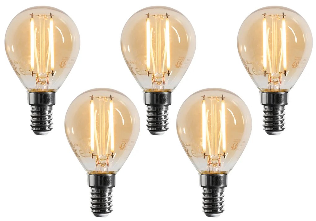 Conjunto de 5 lâmpadas LED E14 reguláveis G45 douradas 4W 330 lm 2100K
