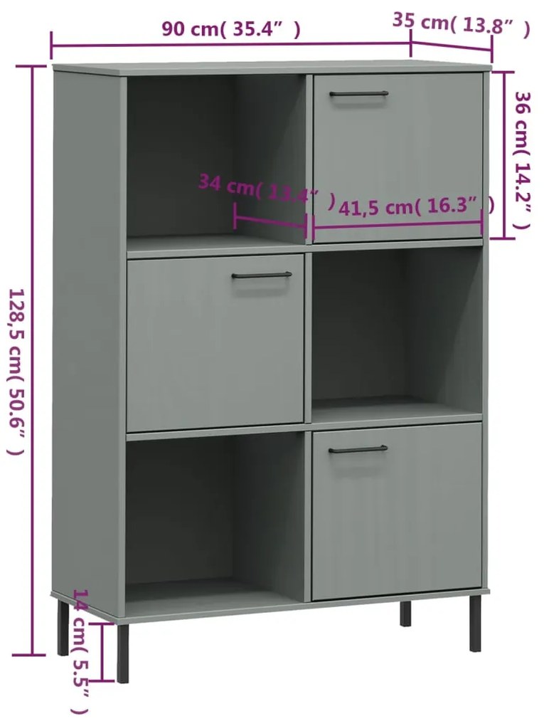 Estante c/ pernas metal 95x35x128,5cm madeira maciça OSLO cinza