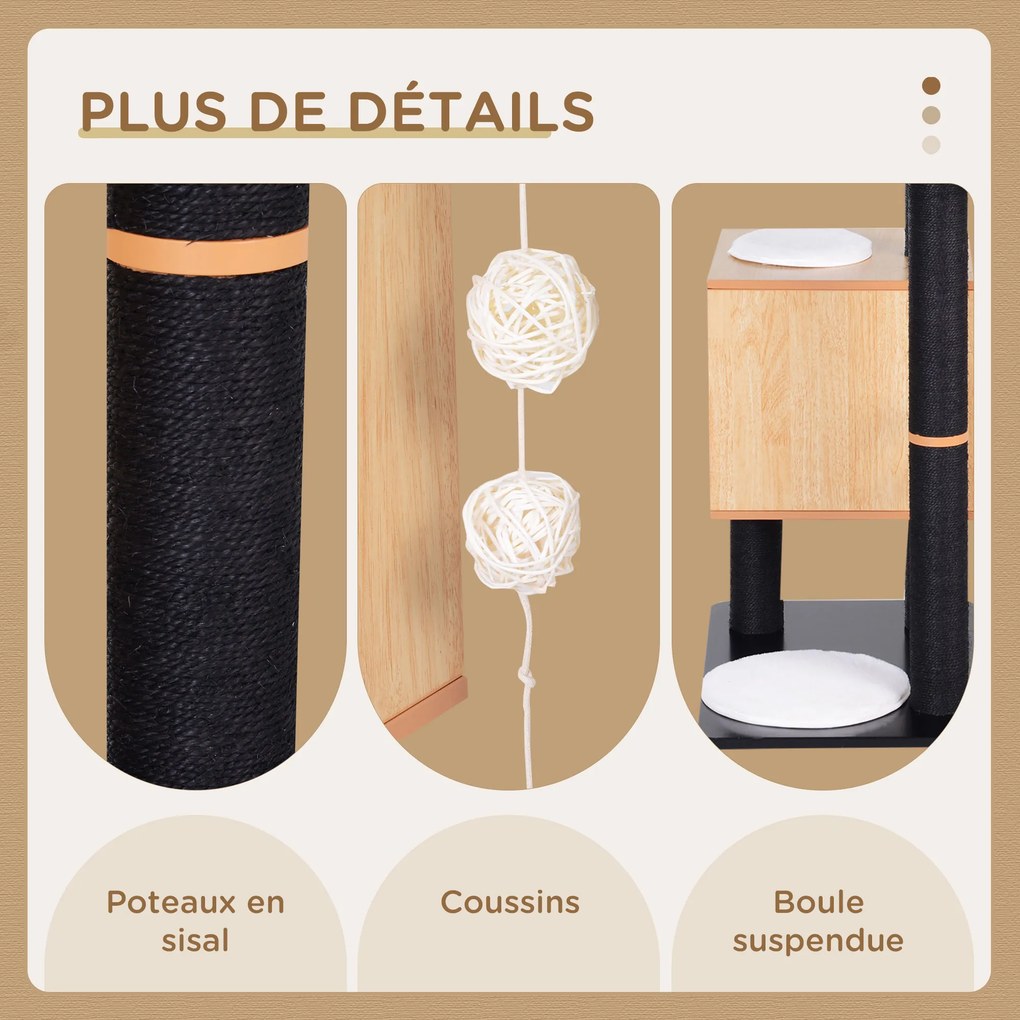 Arranhador para gatos com design contemporâneo 71,5 x 49,5 x 120 cm, sisal natural, centro de atividades, compartimentos abertos, plataformas de brinc