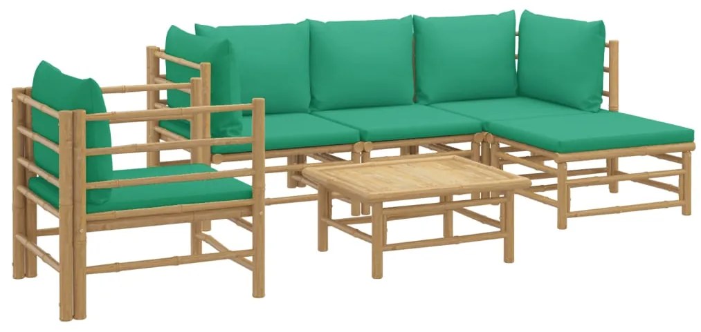 6 pcs conjunto lounge de jardim bambu c/ almofadões verdes