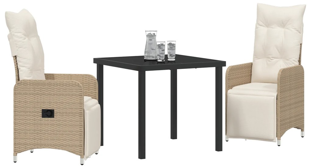 Conjunto de Jantar de Jardim 3 Peças com Almofadas Bege Rattan Poliést