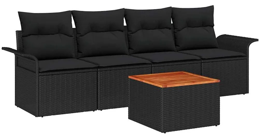 Conjunto de Sofá de Jardim de 5 Peças com Almofadas Preto Rattan Polid
