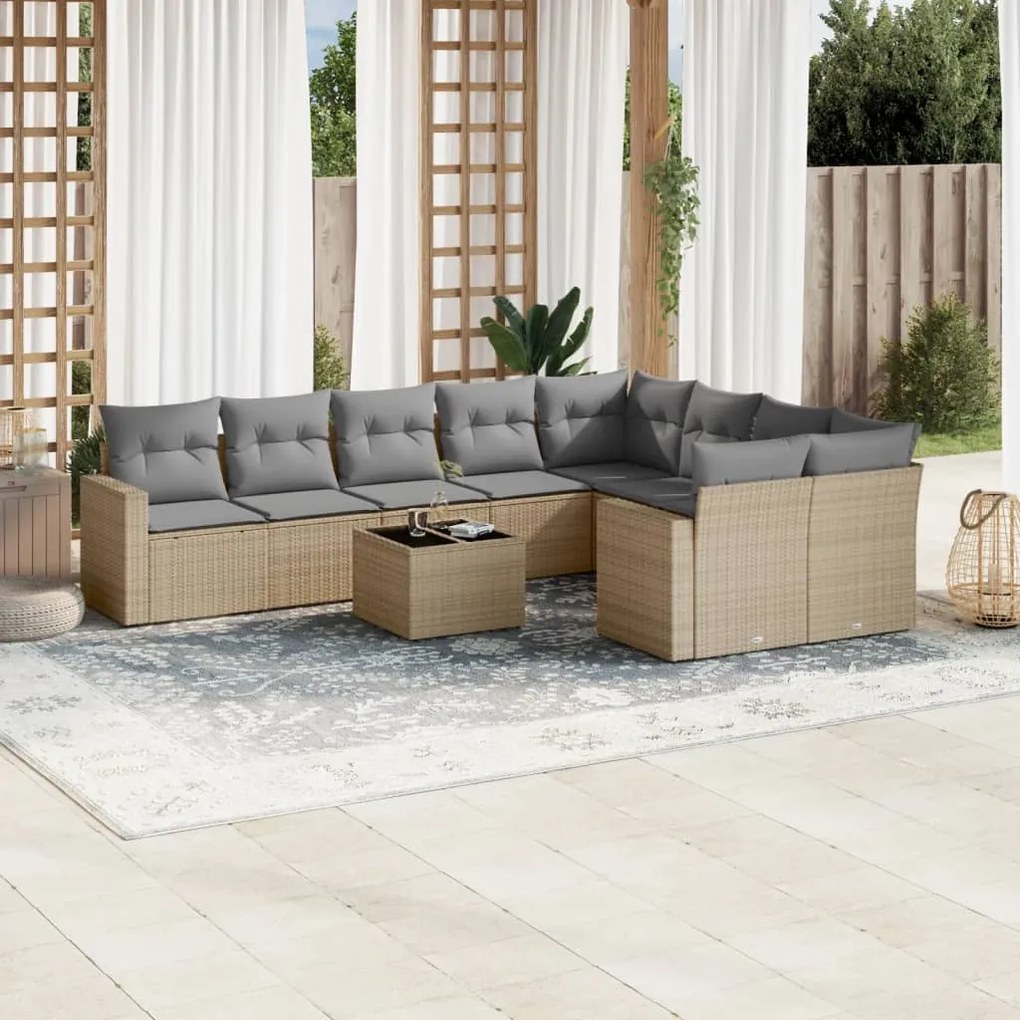 10 pcs conjunto de sofás p/ jardim com almofadões vime PE bege