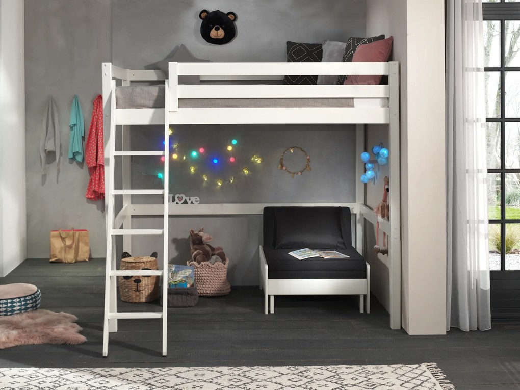 Conjunto Cama alta de Criança PINO 140 x 200 cm + estrado + escada + sofá-cama Branca