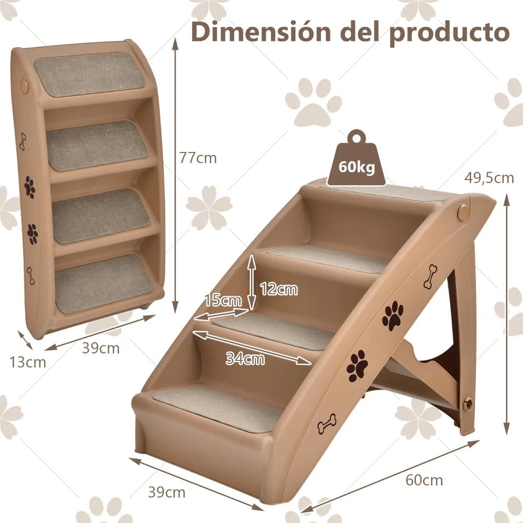 Escada plástica dobrável para animais de estimação com 4 degraus para interior e exterior com feltro macio 64 x 39 x 49,5 cm Castanha