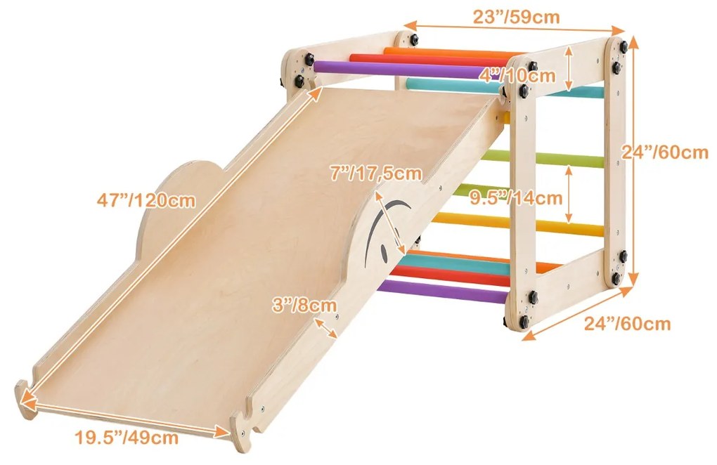 Conjunto de Escalada Montessori para crianças de Madeira Dobrável com Rampa Ajustável Baloiço de Escalada Reversível para Crianças Multicolorido