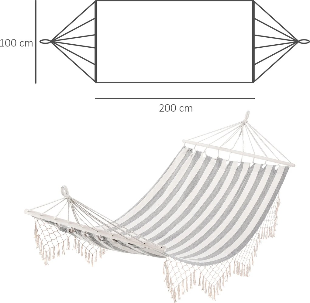 Cama Rede de Jardim 200x100 cm Rede Suspensa com Travessas de Madeira para Pátio Varanda Campismo Creme e Cinza