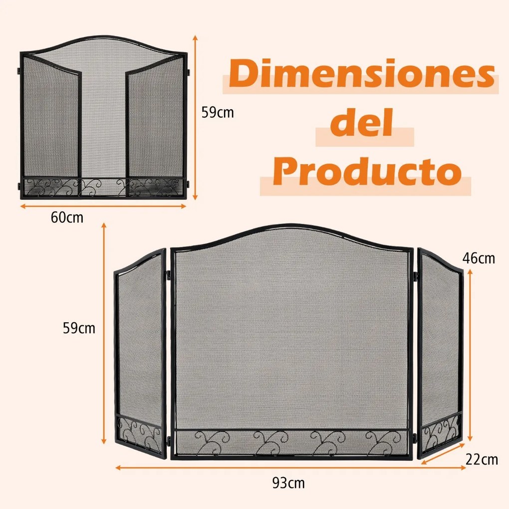 Protetor frontal de lareira em metal com 3 Paineis para janela 93 x 59 cm Preto