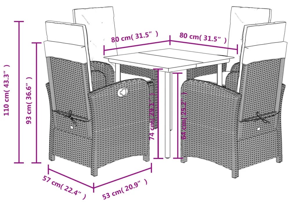 5 pcs conjunto de jantar p/ jardim c/ almofadões vime PE cinza