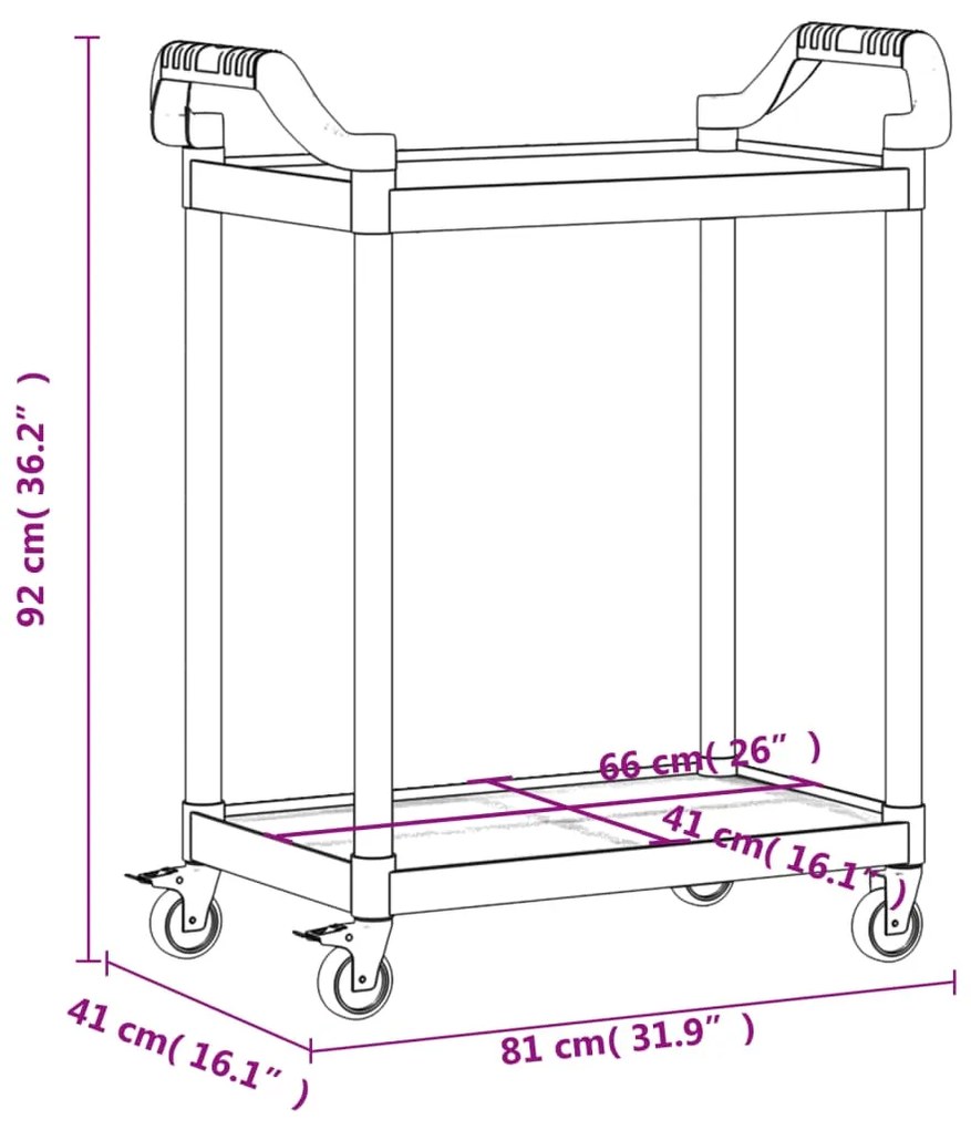 Carrinho c/ 2 prateleiras 81x41x92 cm alumínio cinzento