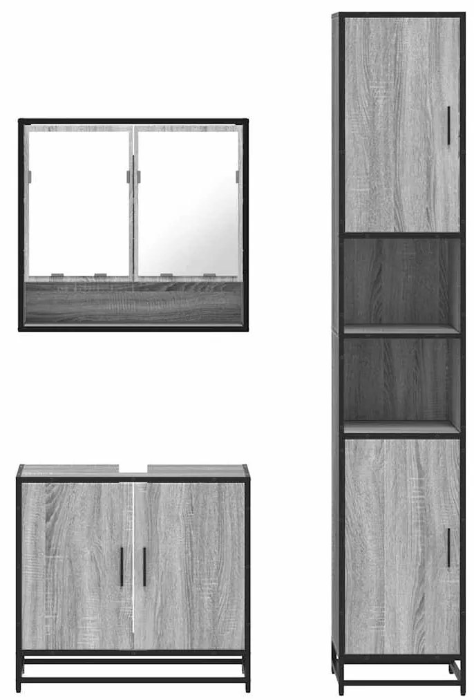 3 pcs Conjunto móveis casa de banho madeira proc. cinza sonoma