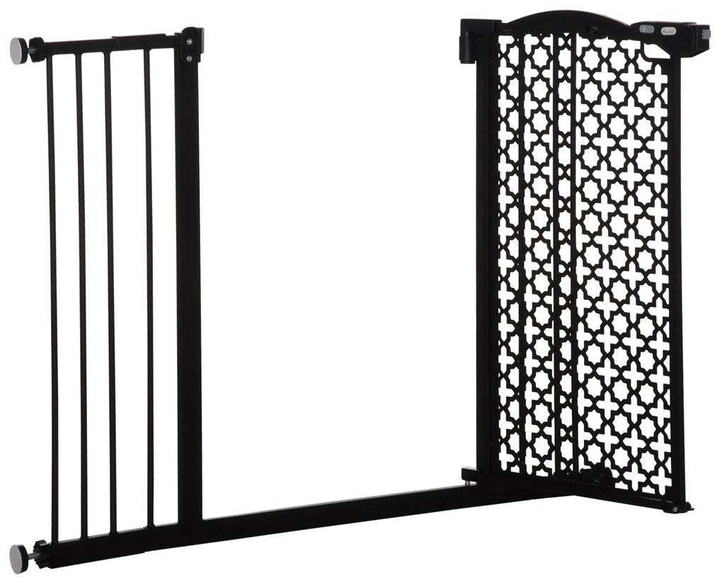 PawHut Barreira de Segurança para Cães Animais de Estimação para Portas Escadas Corredores 74-105cm com 2 Extensões de 10/15cm com Porta e Fechadura Automática Aço Preto