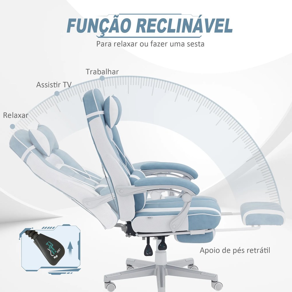 Cadeira Gaming Cadeira de Escritório Reclinável Apoio para os Pés Retrátil Suporte Lombar e Almofada para a Cabeça 63x63x115,5-123 cm Azul