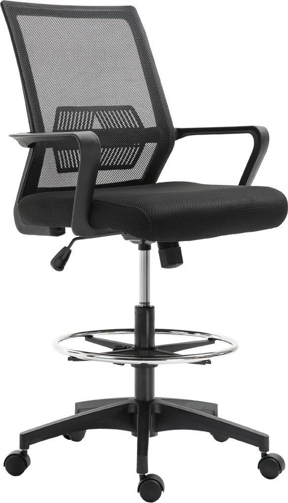 Cadeira de escritório com assento alto ajustável, 64 x 59 x 104-124 cm, banco giratório de escritório com rotação de 360°, malha respirável preta