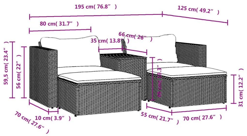 5 pcs conjunto sofás de jardim c/ almofadões acácia e vime PE