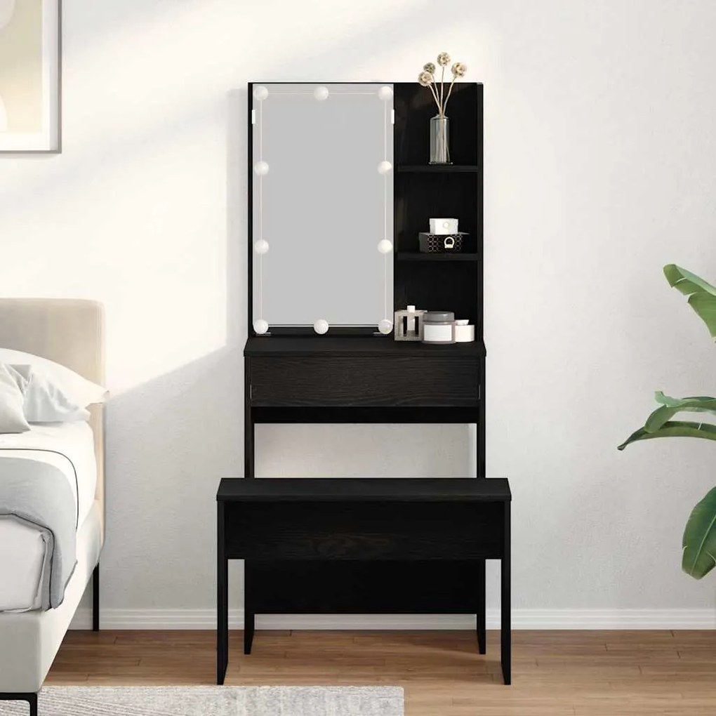 vidaXL Conjunto de Mesa de Maquiagem com LED 2 pcs Carvalho Preto