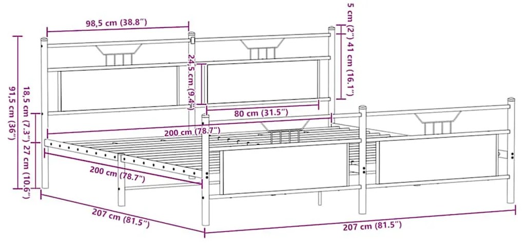 Estrutura cama sem colchão 200x200cm metal carvalho castanho