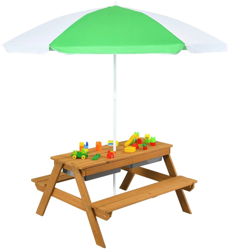 Mesa de piquenique infantil 3 em 1 com guarda-sol removível e ajustável de altura de 117 a 187 cm Mesa de madeira para pátio de jardim Verde