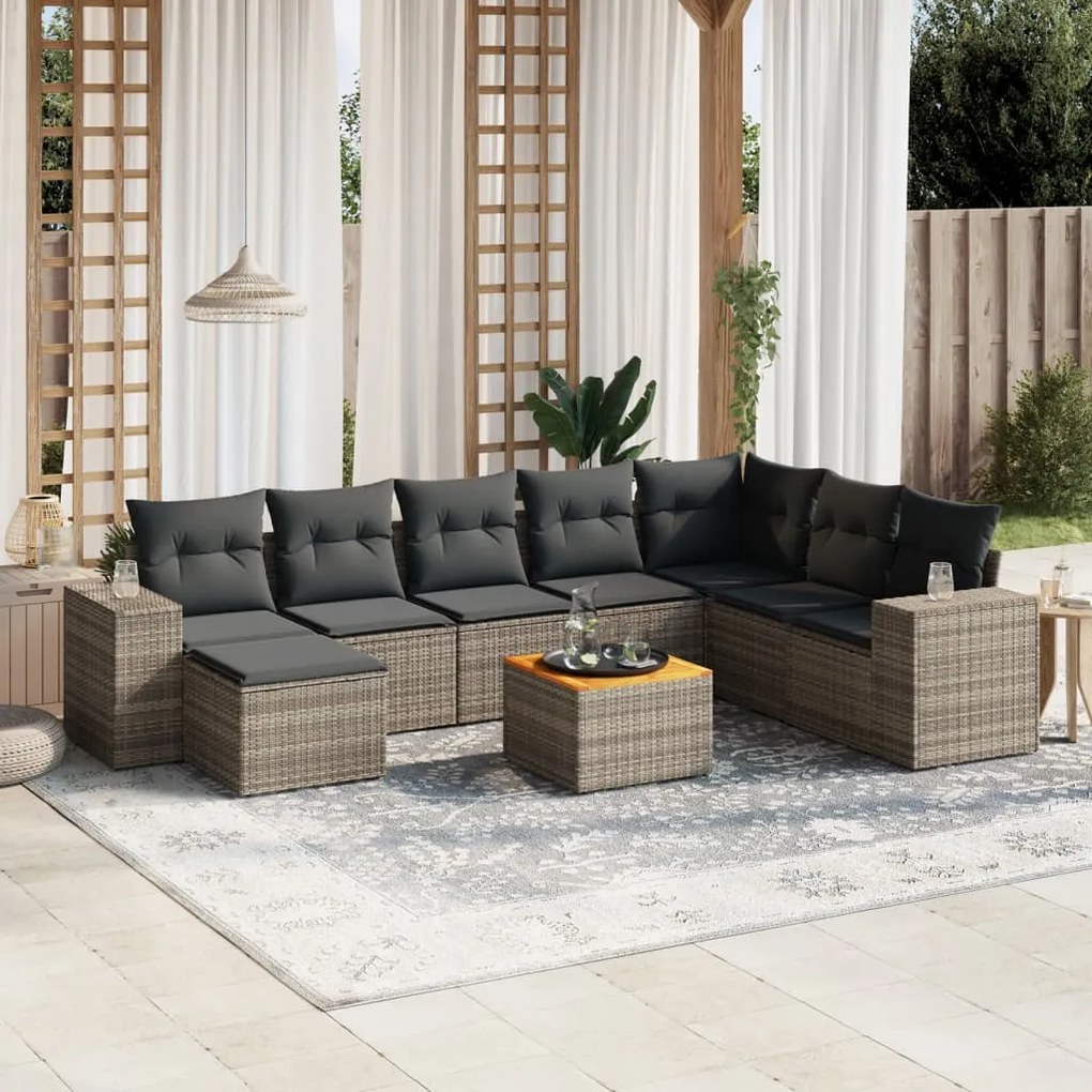 9 pcs conjunto sofás p/ jardim com almofadões vime PE cinzento