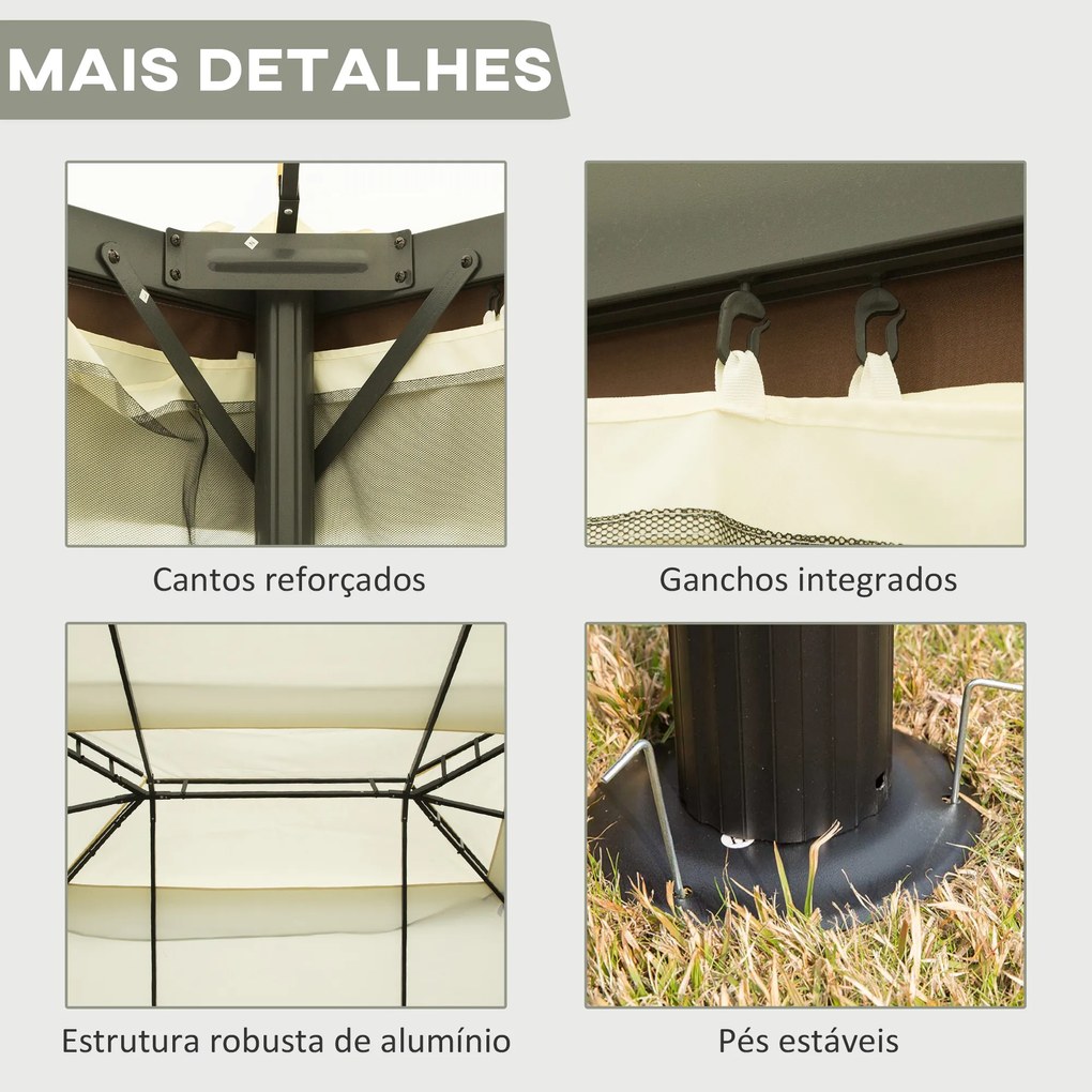 Outsunny Pérgola de Jardim 4x3m Pérgola de Alumínio com Teto com Ventilação 4 Cortinas Laterais 4 Telas Mosquiteiras e 8 Orifícios de Drenagem para festas Eventos Exterior Creme