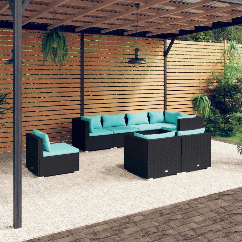 vidaXL 8 pcs conjunto lounge de jardim c/ almofadões vime PE preto