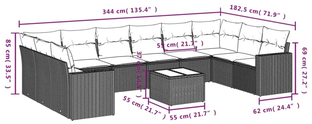 11 pcs conjunto sofás de jardim c/ almofadões vime PE bege