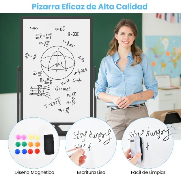 Quadro branco móvel magnético 60x90cm seco dupla face com rodas de suporte rotação 360° altura ajustável de 151-178cm no escritório escola Preto