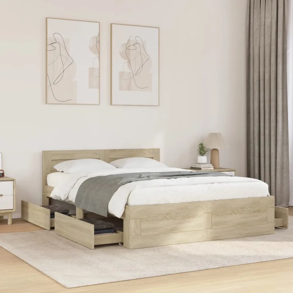 vidaXL Estrutura cama c/ cabeceira derivados madeira carvalho sonoma