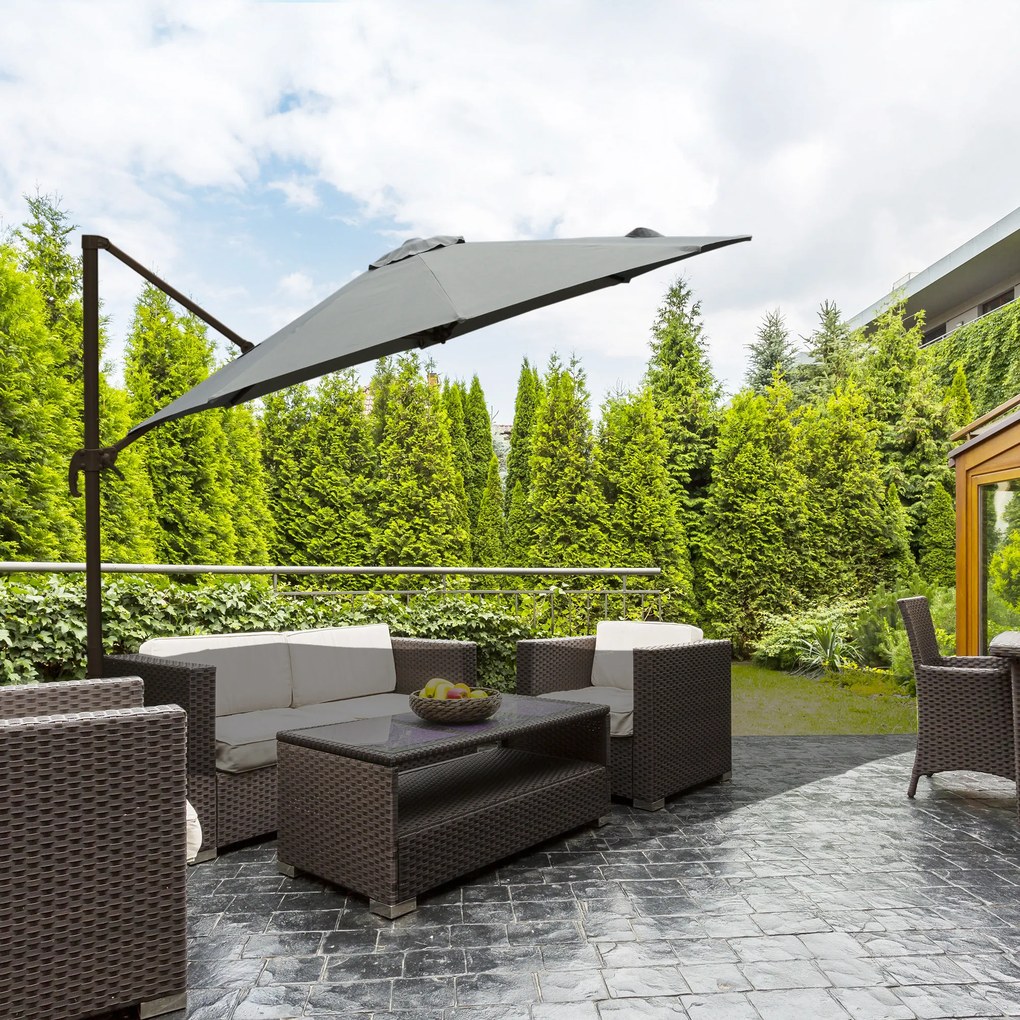 Guarda-sol octogonal inclinável Ø 3 x 2,5 m, com rotação de 360°, base em cruz, 8 cordas, manivela incluída, estrutura em alumínio e aço, cinzento