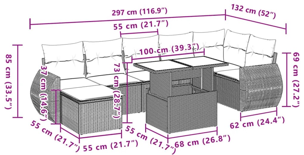 8 pcs conj. sofás jardim c/ almofadões vime PE cinzento-claro