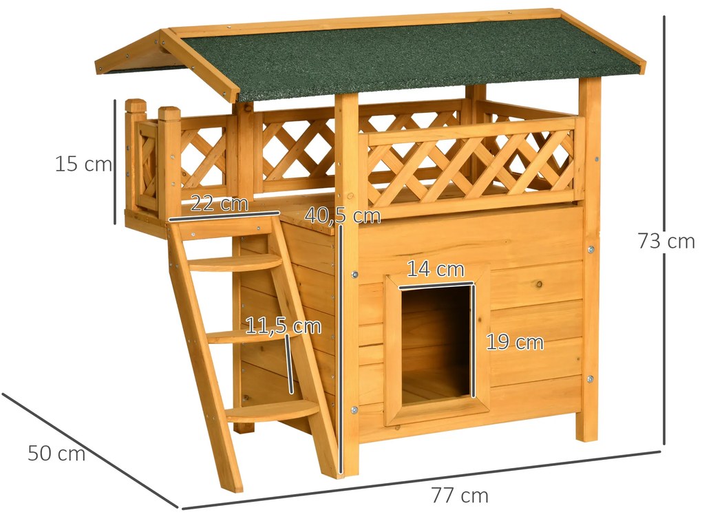 Casa para Gatos de Madeira 77x50x73cm Casa para Gatos com 2 Níveis com Teto Asfáltico Terraço Cercado Caverna Madeira Natural