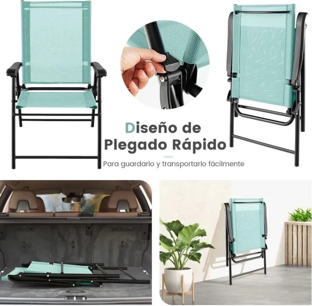 Conjunto de 2 cadeiras de jardim dobráveis portáteis com encosto em tecido Estrutura metálica para piscina Terraço 65 x 60 x 93 cm verde