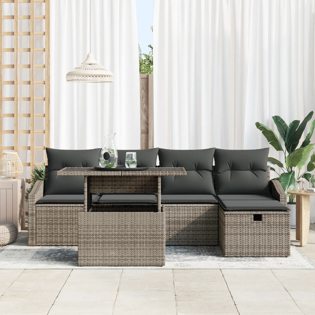 Conjunto de Sofá de Jardim de 6 Peças com Almofadas Cinza Vime Polirat