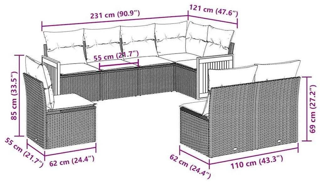 8 pcs conjunto sofás de jardim com almofadões vime PE preto