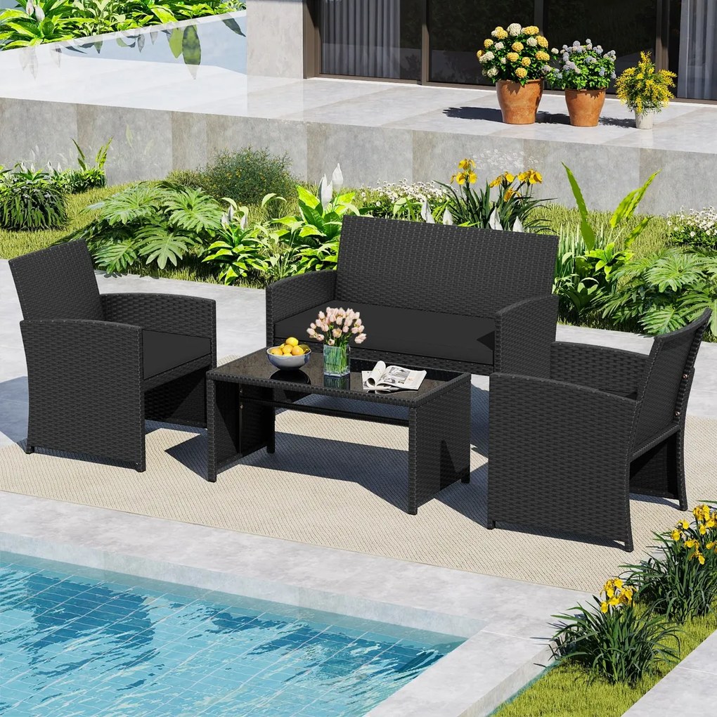 Conjunto de jardim em rattan com 4 peças: sofás de 2 lugares, mesa de vidro temperado e almofadas para exterior, varanda ou piscina, Preto+Preto