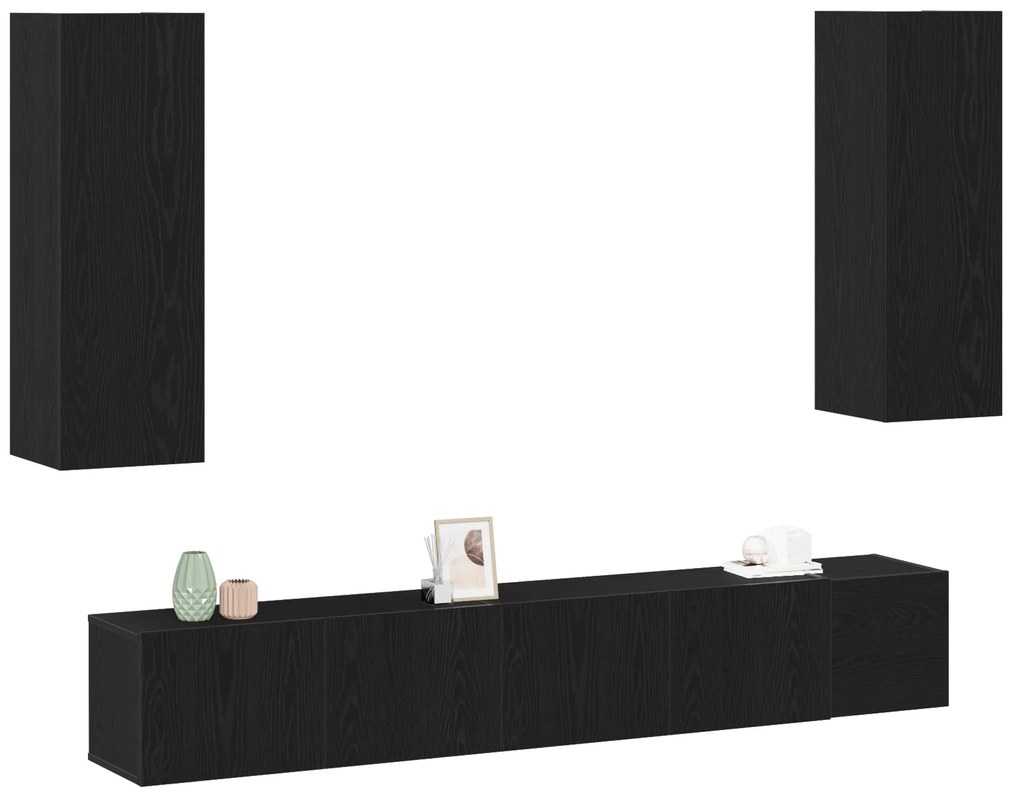Conjunto de Armário para TV de 5 Peças Carvalho Preto Madeira Engenhad