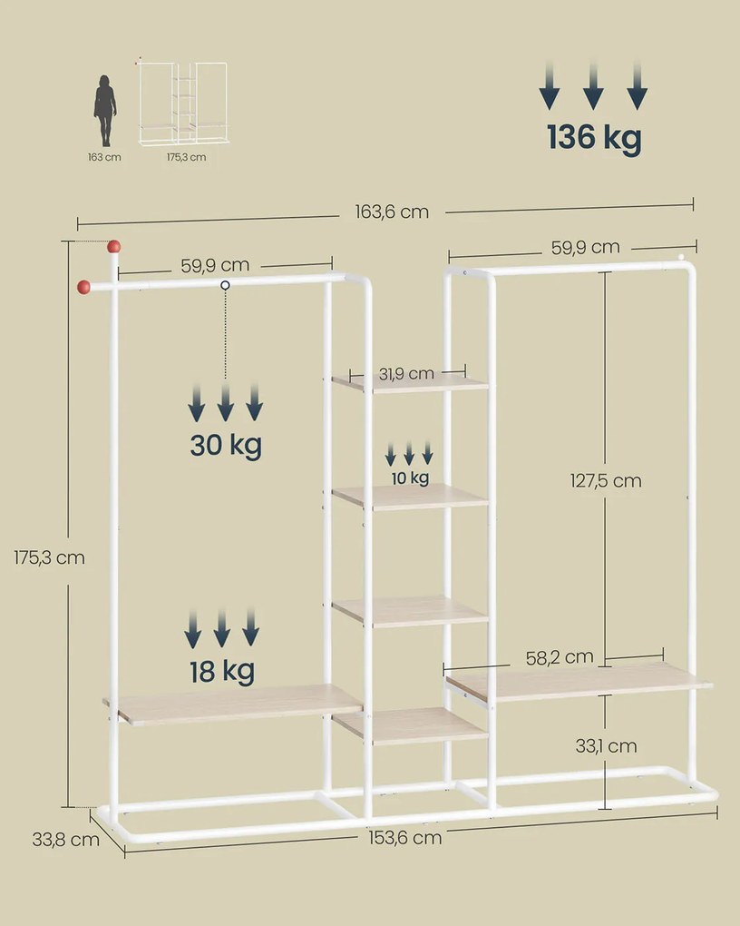 Guarda Roupa com 6 prateleiras 33,8 x 163,6 x 175,3 cm Branco + Bege