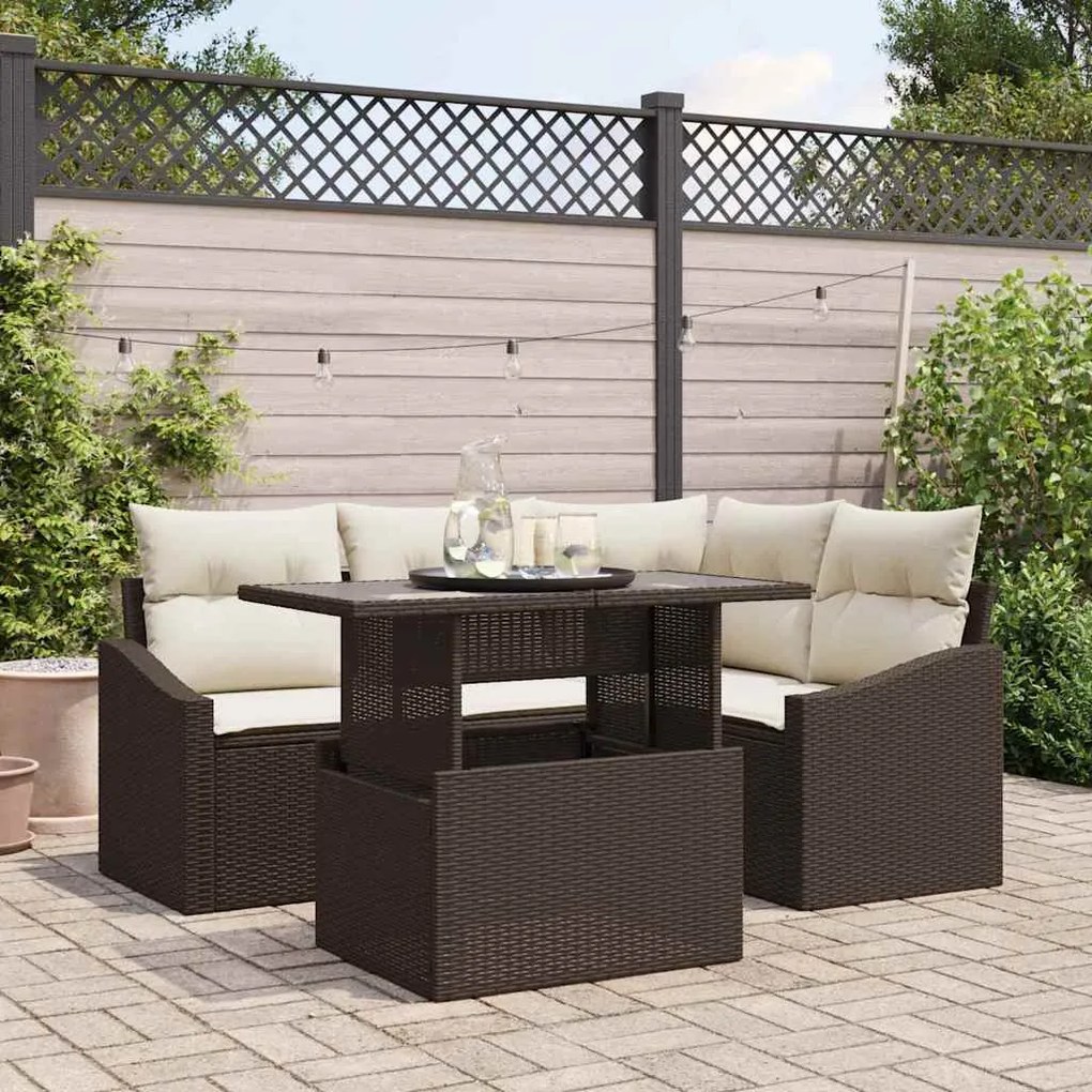 vidaXL Sofa de Jardim com 5 Peças e Almofadas Marrom em Rattan Poliéster