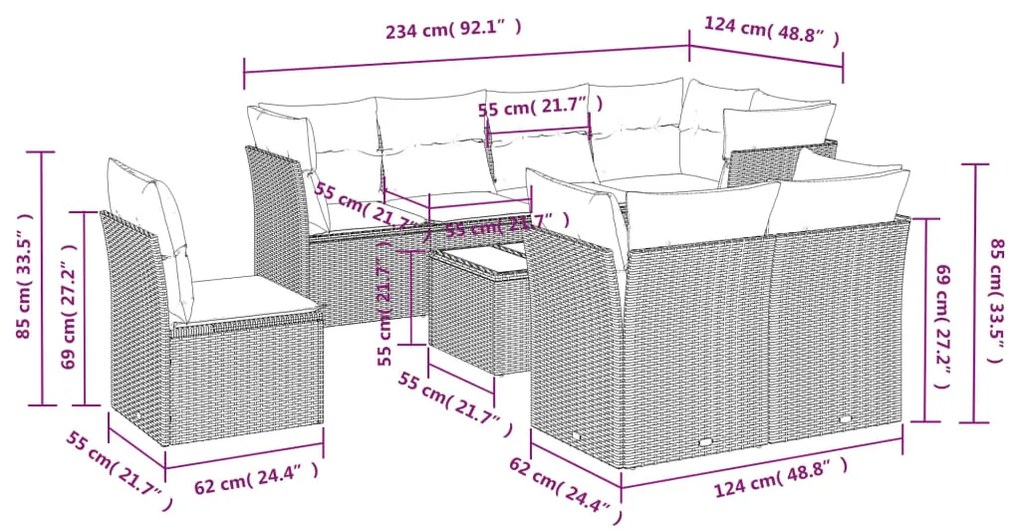 9 pcs conjunto sofás p/ jardim com almofadões vime PE cinzento