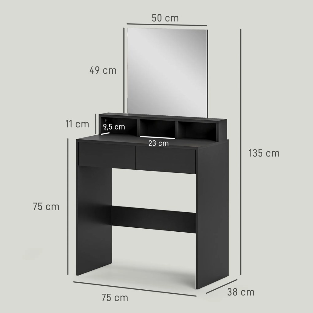 Toucador de Maquilhagem com Espelho Toucador com 2 Gavetas 3 Compartimentos Toucador para Dormitório 75x38x135 cm Preto