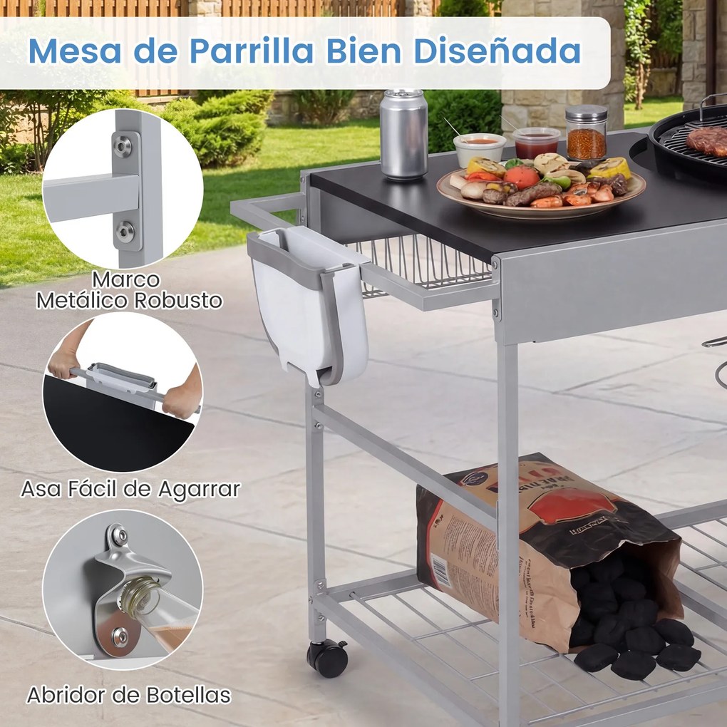 Carrinho de churrasco 141 x 62 x 80 cm para grelhadores de 18“ e 22” com bancada ampla, grelha metálica, cesto para rolos e caixote do lixo para jardi