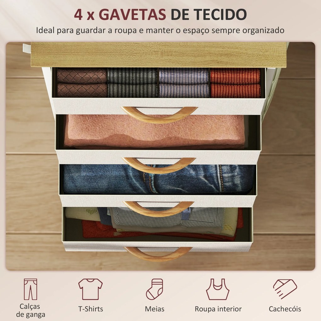 Cómoda Alta de Tecido com 4 Gavetas 4 Bolsos Laterais 2 Ganchos e Estrutura de Aço 45x30x94,5 cm Bege