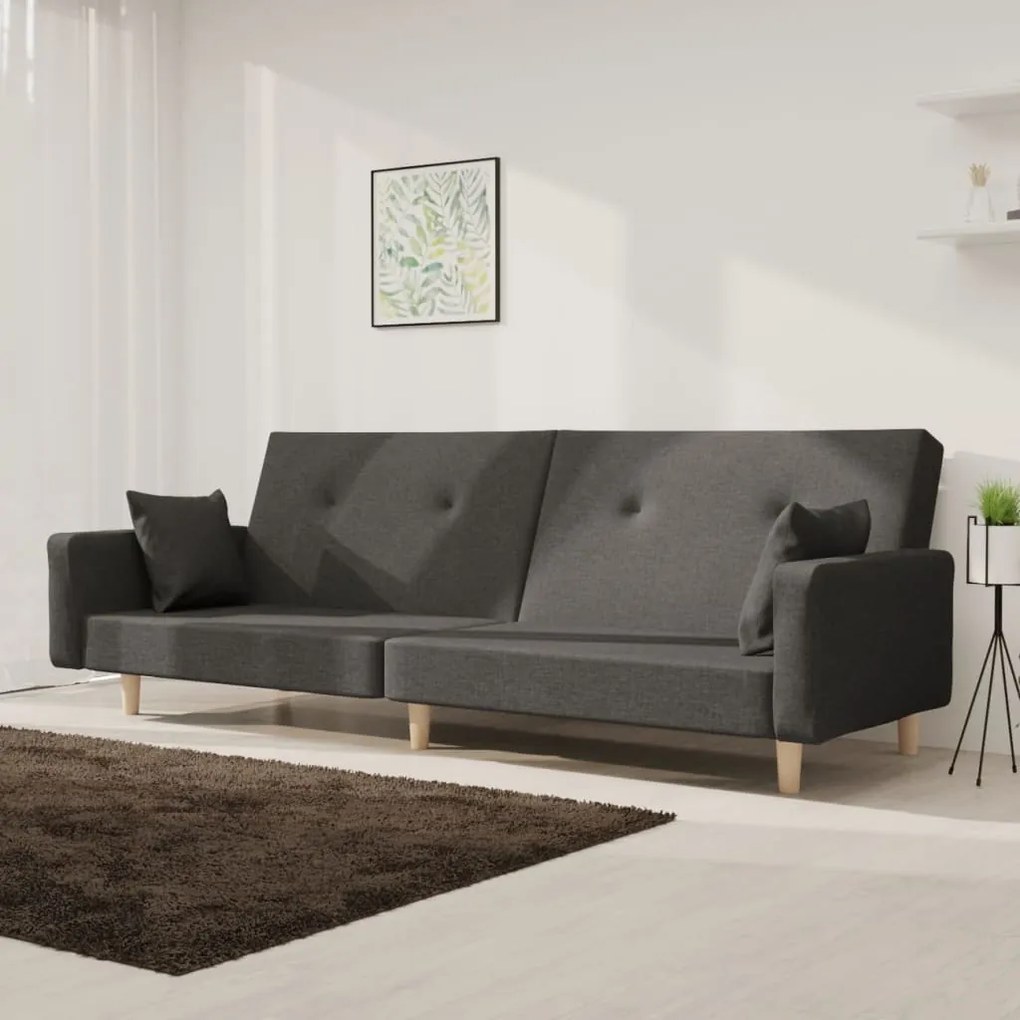 337321 vidaXL Sofá-cama 2 lugares com duas almofadas tecido cinzento-escuro